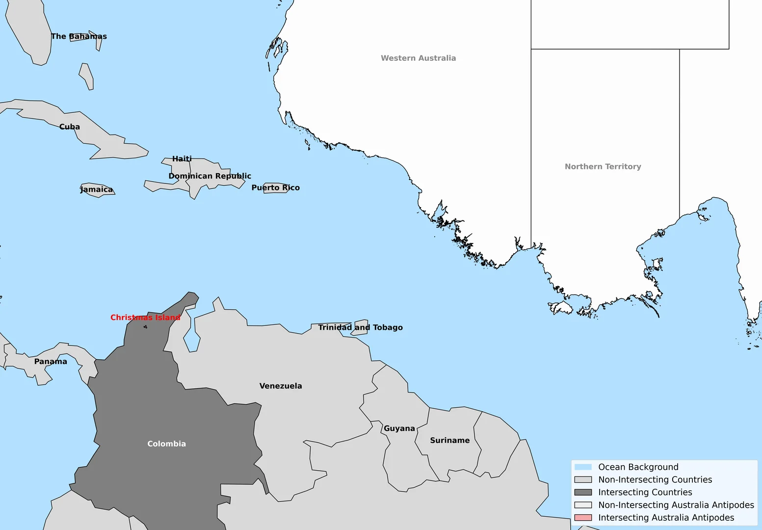Antipode map: Australian state and territory antipodal points overlaid on the world map, showing Christmas Island as the only land overlap with Colombia.