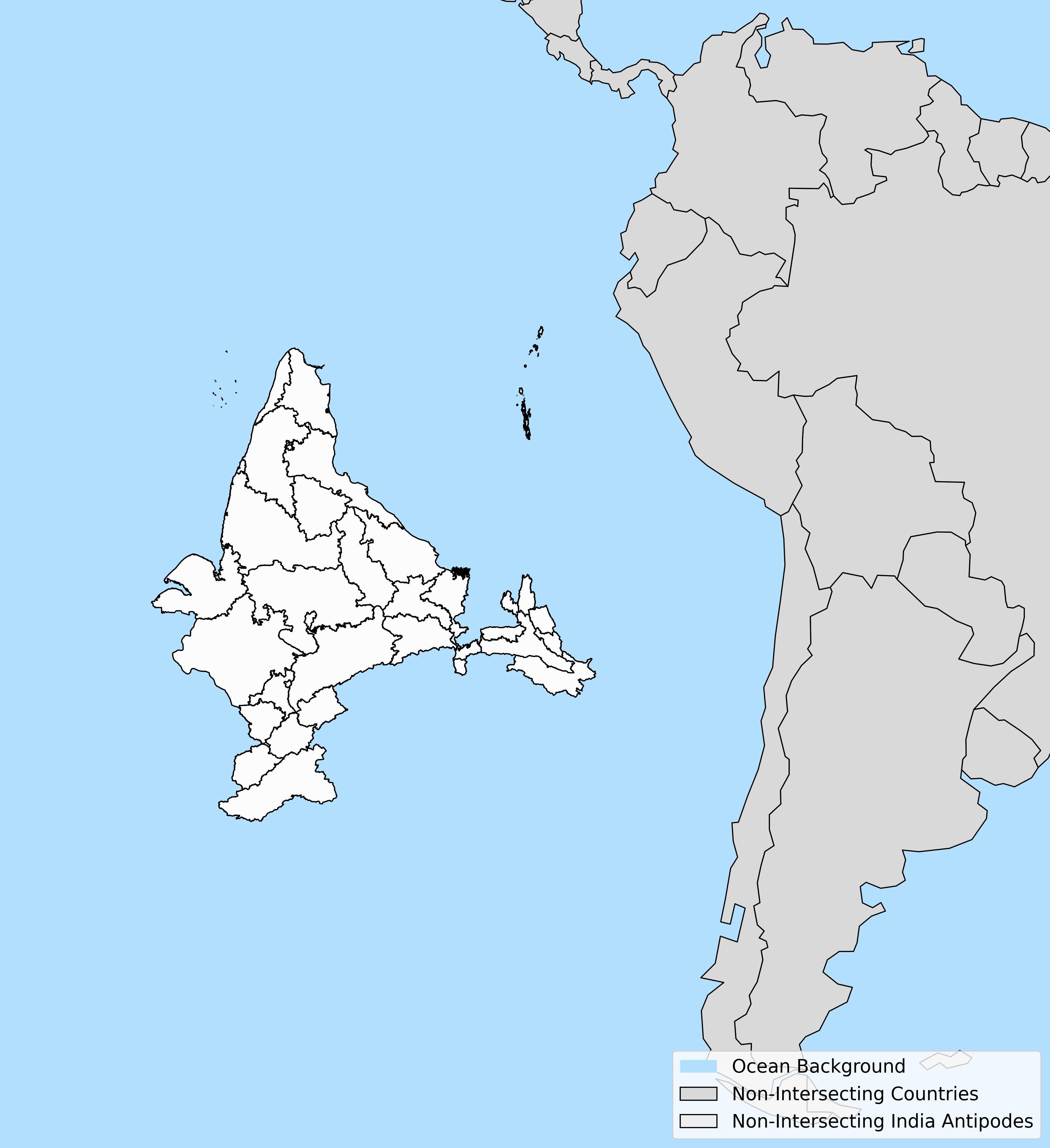 Antipode map: India antipodal points overlayed on world map, showing that it doesn't overlap with any other landmasses.